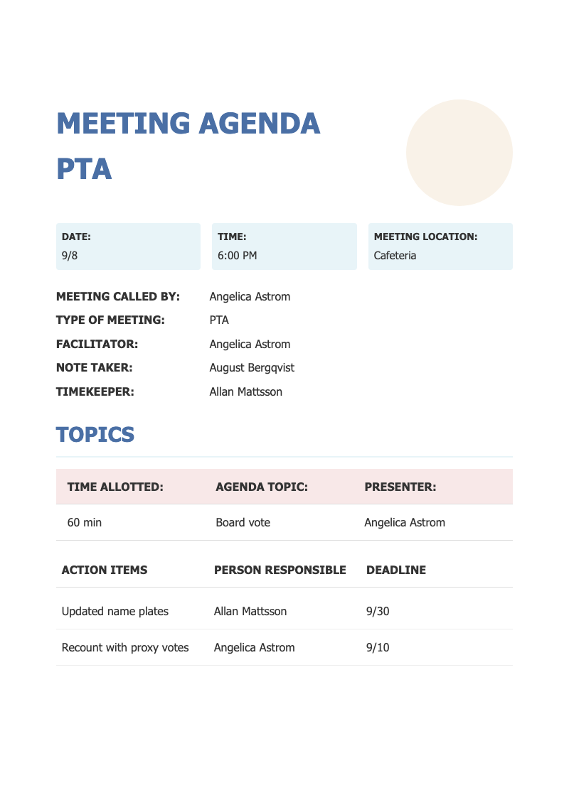Educational meeting agenda - Organized PTA meeting agenda template with time slots, topics, and action items for productive school parent conferences.